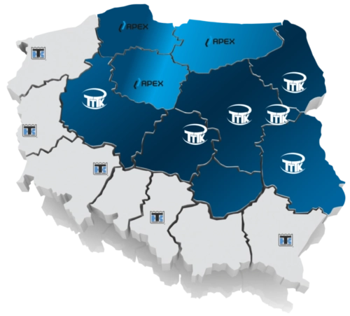 Mapa Polski podzielona na Województwa z zaznaczonym obszarem działania Sieci Serwisowej TT-Thermo King